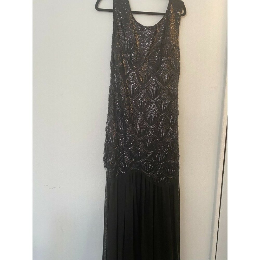 Women’s Maxi A-Line Dress Black Sequin Round Neck Back Zip Sleeve Less
